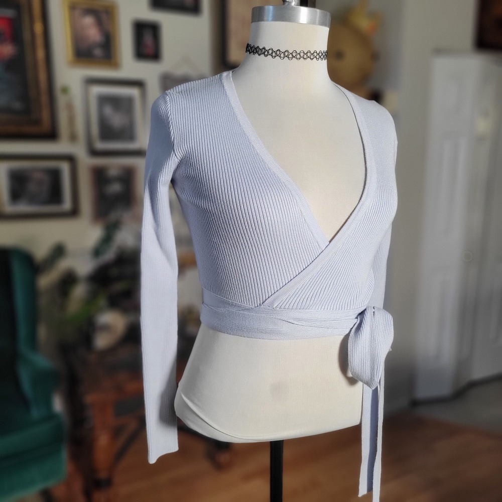 Lilyful Wrap Top Ribbed Balletcore Cropped Sweater Lavender V-Neck Long Sleeve S